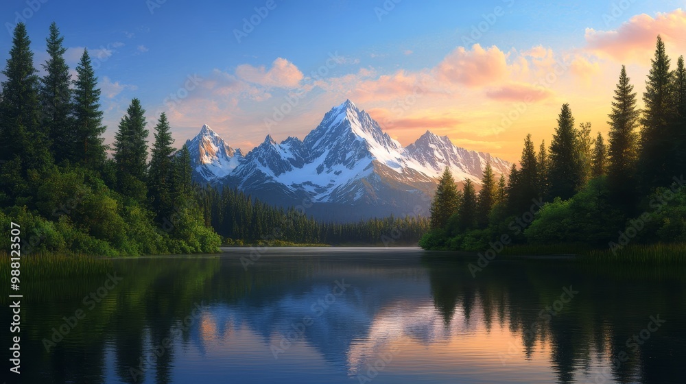 A tranquil mountain lake reflects the majestic snow-capped peaks at sunset, creating a breathtaking scene of natural beauty and serenity. The image symbolizes peace, tranquility, nature, beauty, and r A tranquil mountain lake reflects the majestic snow-capped peaks at sunset, creating a breathtaking scene of natural beauty and serenity. The image symbolizes peace, tranquility, nature, beauty, and r