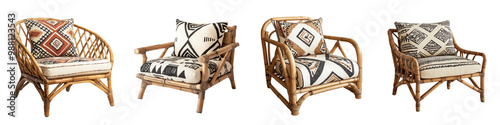 Assortment of rattan and wicker armchairs with patterned upholstery in various designs and styles showcasing cozy and stylish home decor options for living rooms dens or outdoor spaces photo