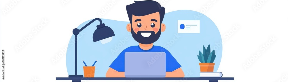 A cheerful person working on a laptop at a desk with a lamp and a plant, ideal for remote work and productivity themes. A cheerful person working on a laptop at a desk with a lamp and a plant, ideal for remote work and productivity themes.