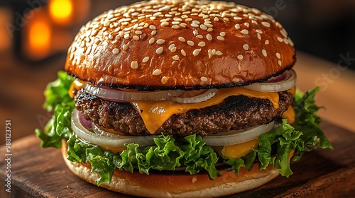 A close-up of a burger being assembled, layers of crispy lettuce, sliced onions, melted cheese, and a sizzling beef patty, topped with a sesame seed bun.