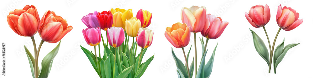 Closeup view of vibrant tulip bouquets in a variety of spring colors including red yellow pink and white arranged beautifully in glass vases on a plain white background Closeup view of vibrant tulip bouquets in a variety of spring colors including red yellow pink and white arranged beautifully in glass vases on a plain white background