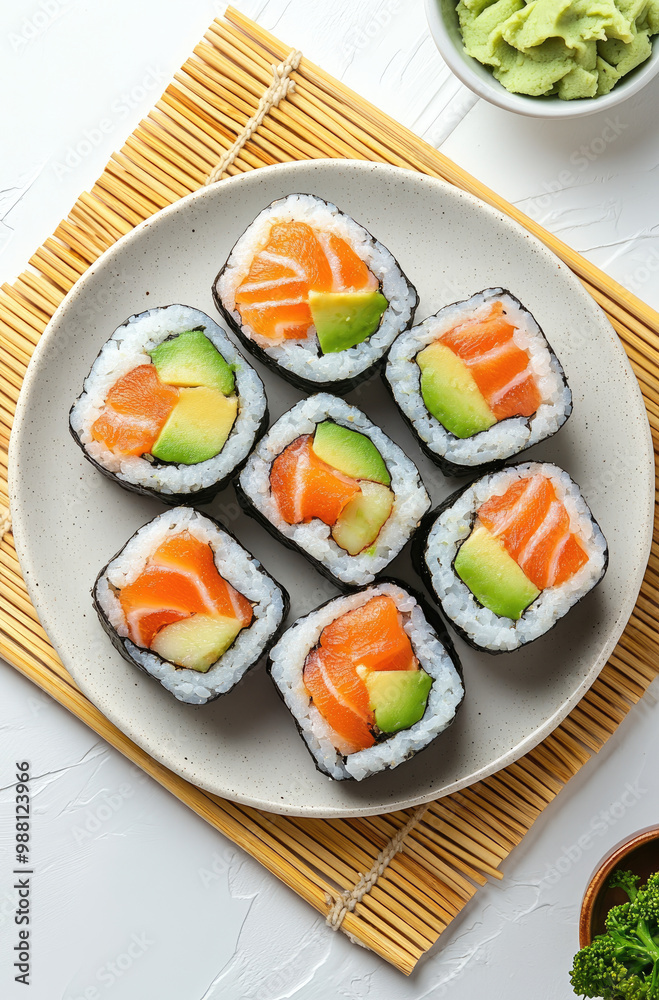 A Plate of Classic Sushi Rolls with Avocado and Salmon A Fresh and Delicious Japanese Dish A Plate of Classic Sushi Rolls with Avocado and Salmon A Fresh and Delicious Japanese Dish