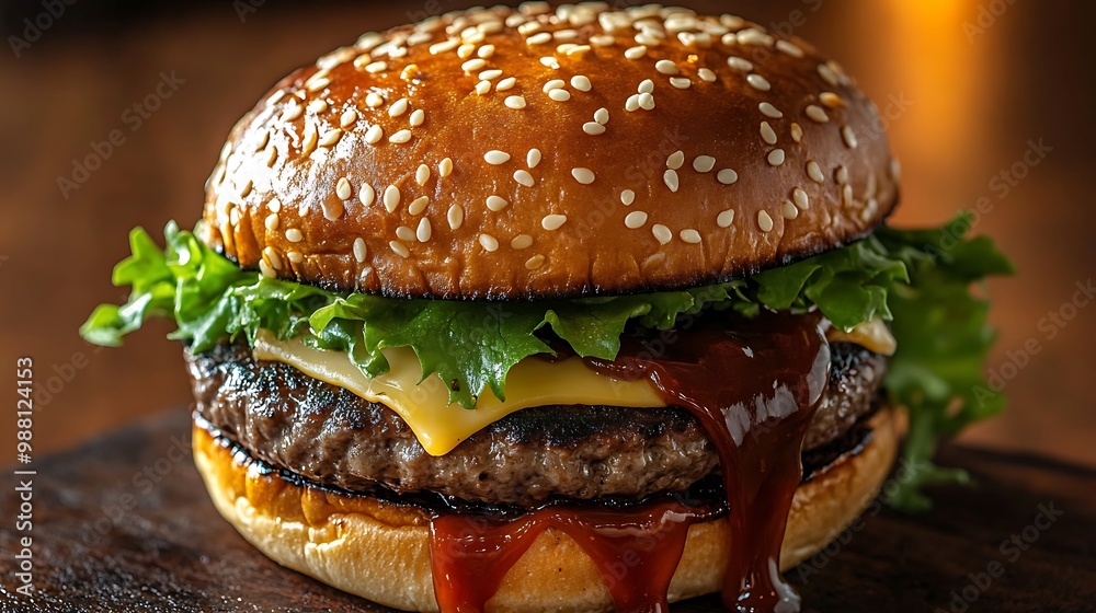 A close-up of a juicy burger fresh off the grill, with barbecue sauce dripping down the side of a perfectly seared beef patty, melted cheese, fresh lettuce, and a sesame seed bun. A close-up of a juicy burger fresh off the grill, with barbecue sauce dripping down the side of a perfectly seared beef patty, melted cheese, fresh lettuce, and a sesame seed bun.