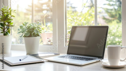 a tidy domestic workspace with a laptop and stationery, representing home office productivity.