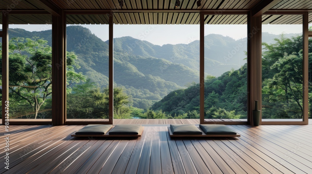 Fototapeta premium Serene Mountain View Through Large Windows