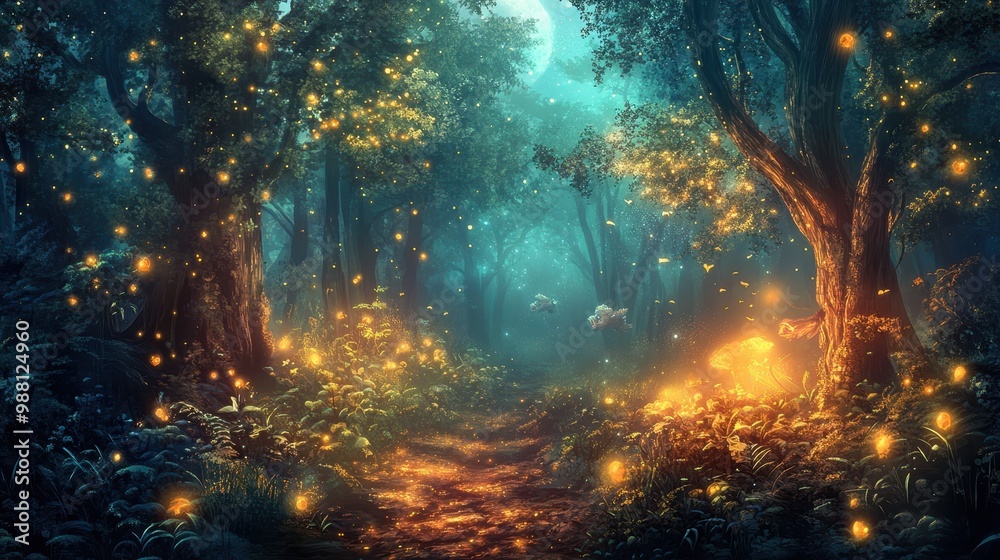 Enchanting Moonlight Forest Path with Glowing Fireflies and Magical Atmosphere Enchanting Moonlight Forest Path with Glowing Fireflies and Magical Atmosphere