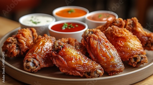 A close-up of crispy fried chicken wings arranged on a plate with different dipping sauces, including buffalo and ranch. The wings are hot and glistening with a golden crust,