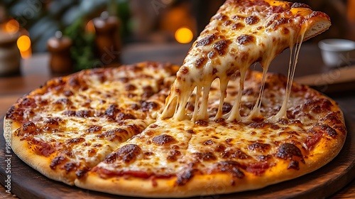 A close-up shot of a cheesy pizza slice being pulled from a hot, freshly baked pizza, with stretchy mozzarella cheese and crispy edges. The pizza is golden-brown with bubbling cheese,