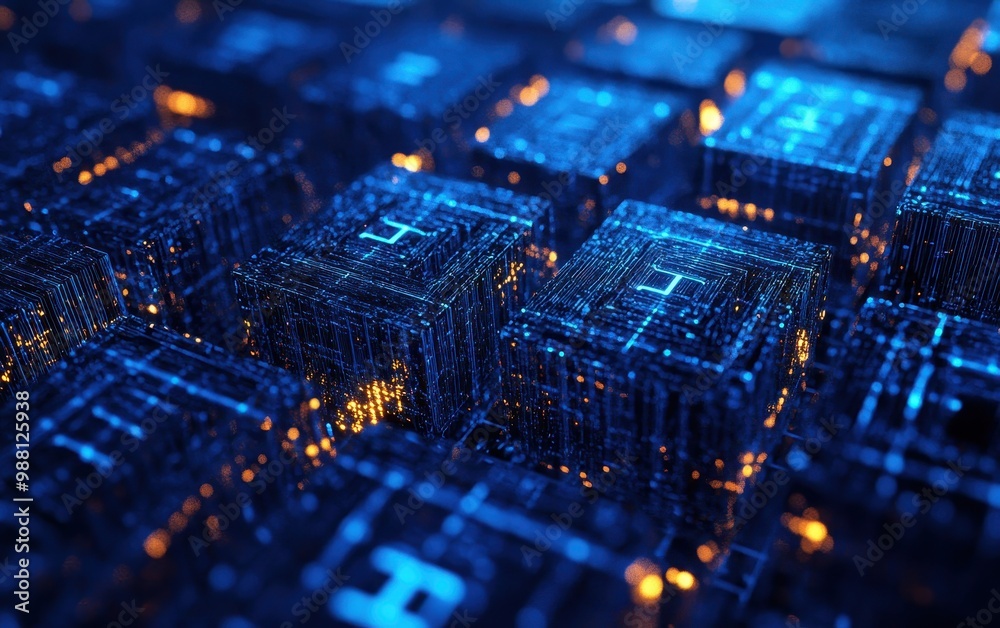 Abstract 3D Cityscape with Glowing Blue Lines and Orange Lights - Futuristic Technology Concept Abstract 3D Cityscape with Glowing Blue Lines and Orange Lights - Futuristic Technology Concept