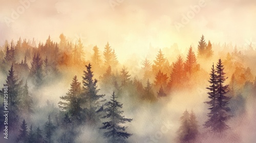 Watercolor Painting of a Misty Forest at Sunrise, with Silhouettes of Tall Pine Trees.