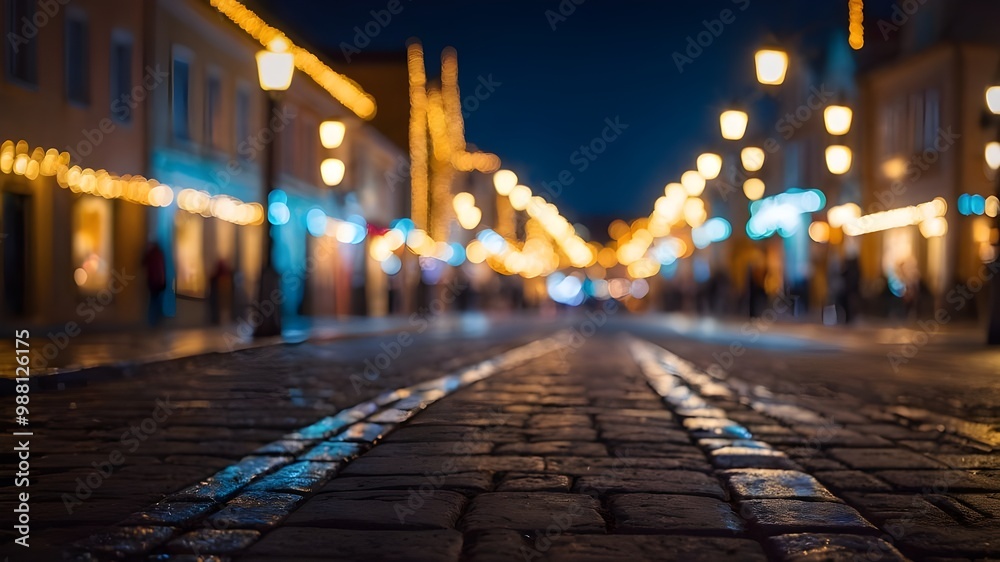 Christmas Town Lights Background, Night Blurred City Street with Lightning and Bokeh Christmas Town Lights Background, Night Blurred City Street with Lightning and Bokeh