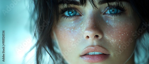 Close up portrait of a woman with blue eyes and wet skin.