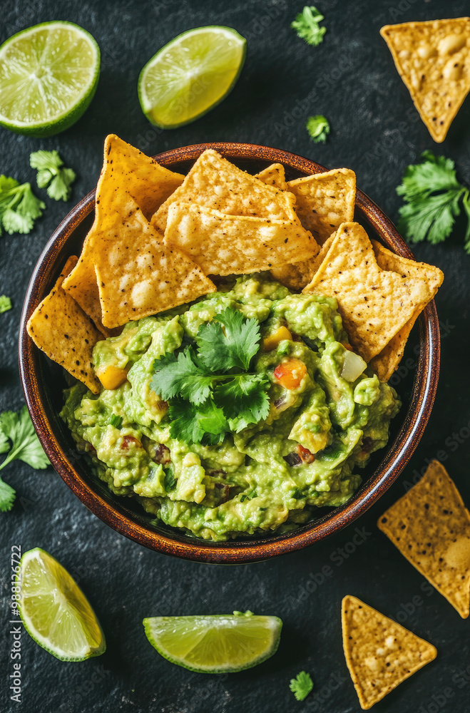 A Bowl of Creamy Guacamole with Tortilla Chips for a Tasty and Classic Appetizer A Bowl of Creamy Guacamole with Tortilla Chips for a Tasty and Classic Appetizer