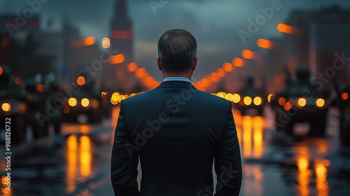 Businessman Standing in a City Street at Dusk with Blurred Lights