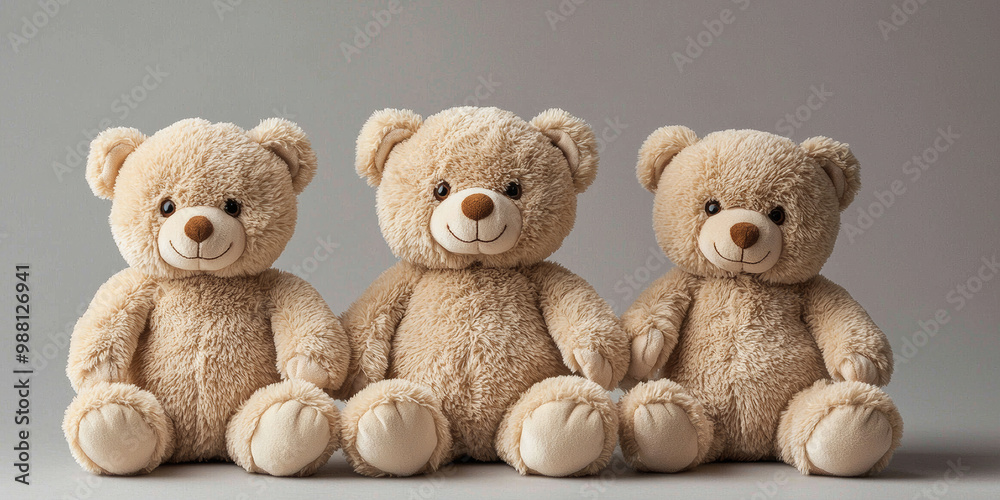 3 cute teddy bears, in a beige color, generative AI