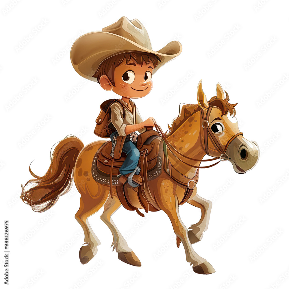 Cheerful cartoon cowboy riding a friendly horse Cheerful cartoon cowboy riding a friendly horse