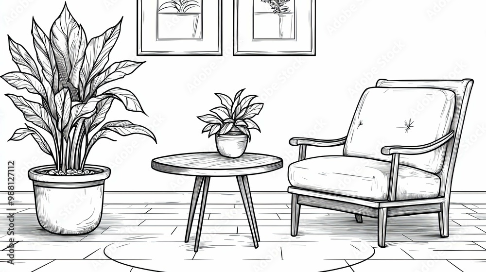 Hand-Drawn Sketch of a Living Room with a Chair, Table, and Plants