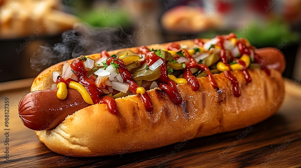 A freshly grilled hot dog loaded with ketchup, mustard, diced onions, and pickles, nestled in a warm bun, steam rising from the toppings. The background is blurred, A freshly grilled hot dog loaded with ketchup, mustard, diced onions, and pickles, nestled in a warm bun, steam rising from the toppings. The background is blurred,