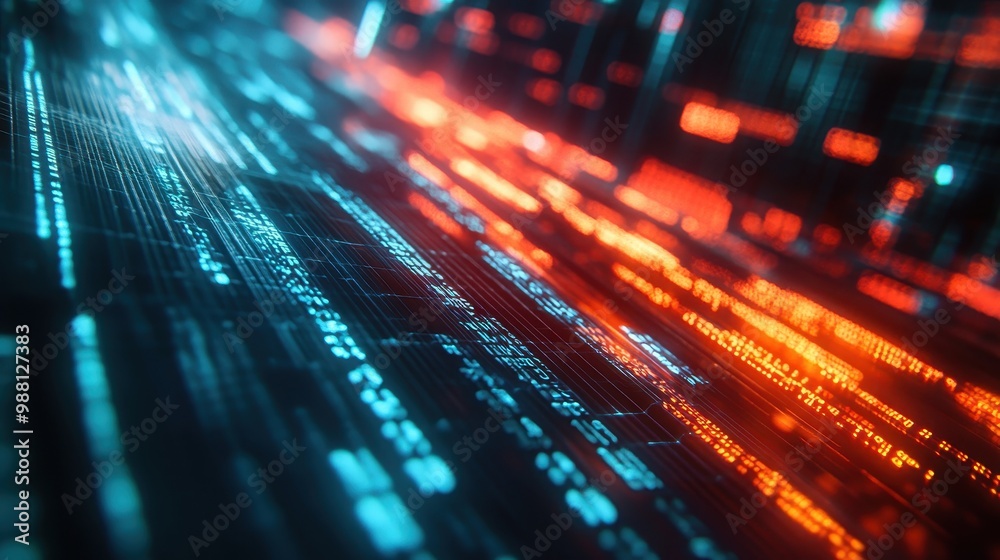Abstract Digital Data Stream with Blue and Orange Glowing Lines and Text. Abstract Digital Data Stream with Blue and Orange Glowing Lines and Text.