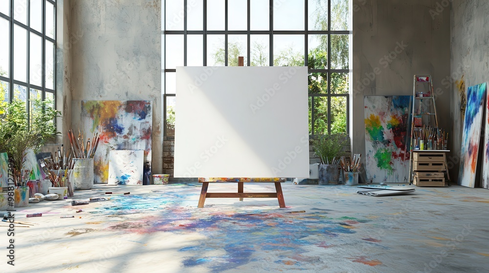 Blank Canvas on Easel in Artist Studio with Paint Spatters on Floor and Natural Light Blank Canvas on Easel in Artist Studio with Paint Spatters on Floor and Natural Light