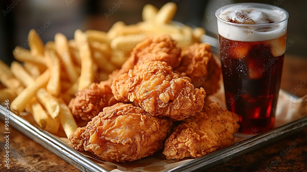 A fried chicken combo meal with crispy chicken, hot French fries, and a cold soda, served on a classic fast-food tray. The lighting highlights the golden, crispy texture of the chicken,