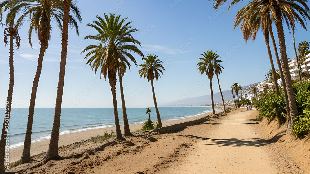 Coastal path with palm trees along beach near Stepson town on Costa led Sol, Spain blue background, Coastal path with palm trees along beach near Stepson town on Costa led Sol, Spain blue background,