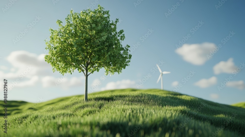 Fototapeta premium Green Tree and Wind Turbine on a Hilltop with Blue Sky