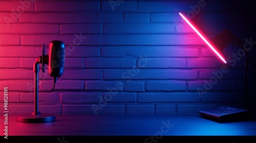 A sleek microphone sits on a desk against a brick wall illuminated by vibrant neon lights, creating a modern and dynamic podcast studio environment.