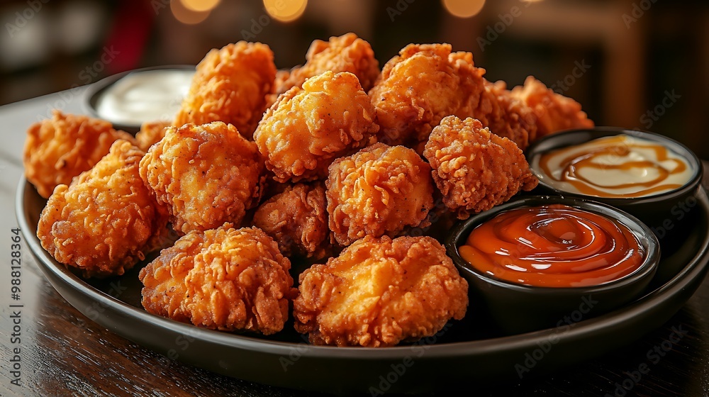 A large platter of hot, crispy chicken nuggets served with an assortment of sauces, including spicy buffalo, ranch, and honey mustard. The nuggets are the star of the party, A large platter of hot, crispy chicken nuggets served with an assortment of sauces, including spicy buffalo, ranch, and honey mustard. The nuggets are the star of the party,