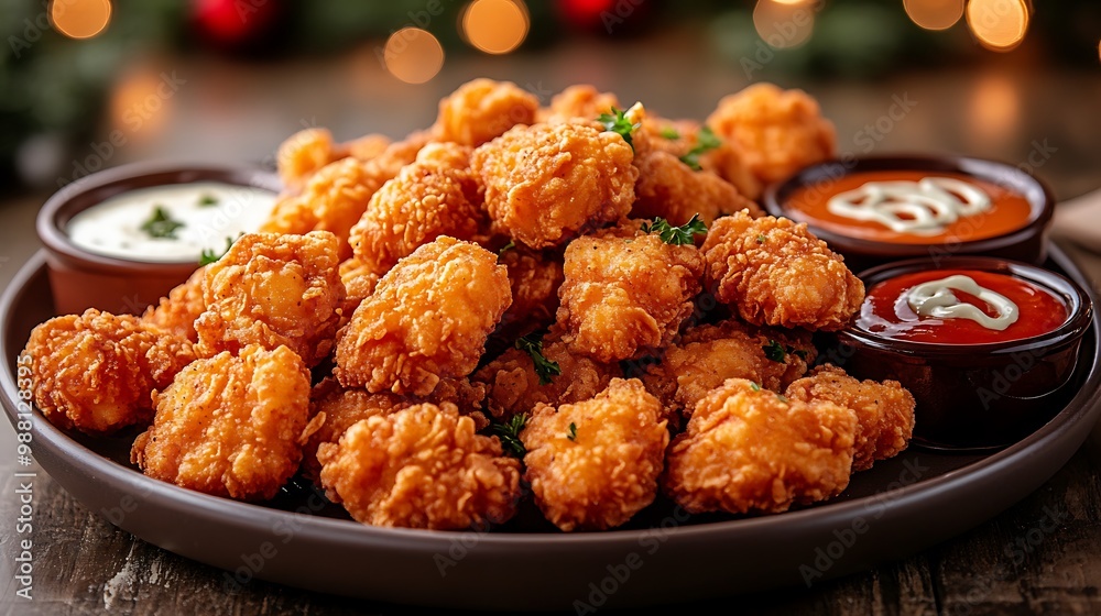 A large platter of hot, crispy chicken nuggets served with an assortment of sauces, including spicy buffalo, ranch, and honey mustard. The nuggets are the star of the party, A large platter of hot, crispy chicken nuggets served with an assortment of sauces, including spicy buffalo, ranch, and honey mustard. The nuggets are the star of the party,