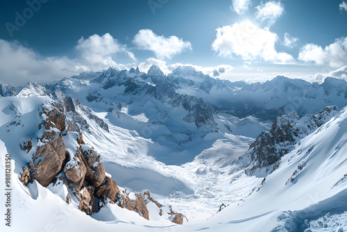 Panorama of winter mountains in Caucasus region, Russia. Concept of natural beauty and winter landscape