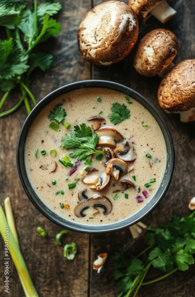 A Bowl of Thai Coconut Milk Soup with Mushrooms Surrounded by Fresh Herbs for a Creamy and Comforting Dish A Bowl of Thai Coconut Milk Soup with Mushrooms Surrounded by Fresh Herbs for a Creamy and Comforting Dish