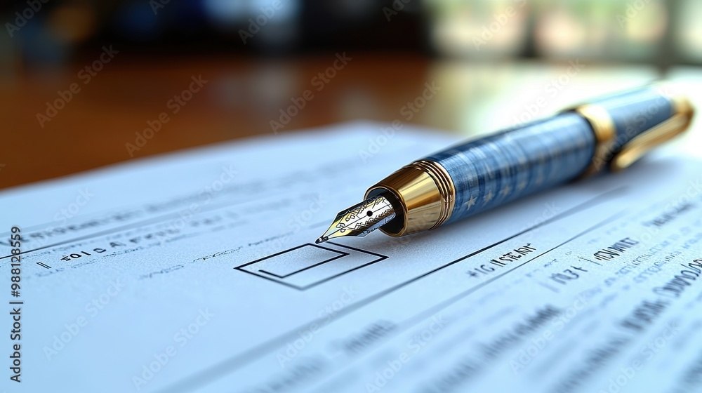 Gold and Blue Fountain Pen on a Ballot Paper Gold and Blue Fountain Pen on a Ballot Paper