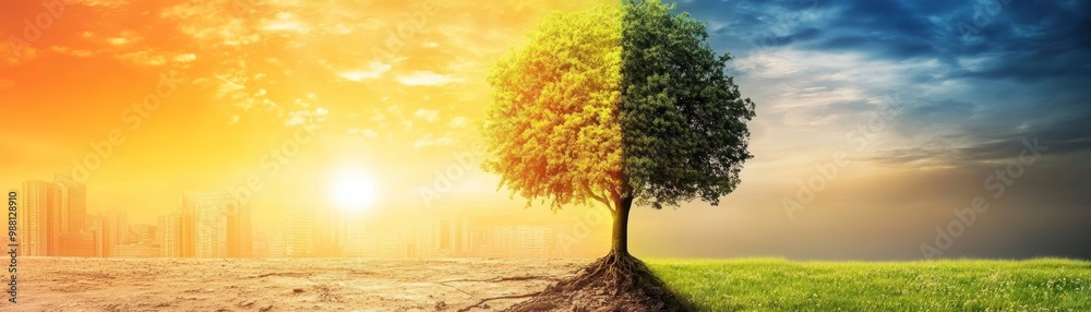 Obraz premium Tree Roots Splitting Desert and Grassland Climate Change Concept