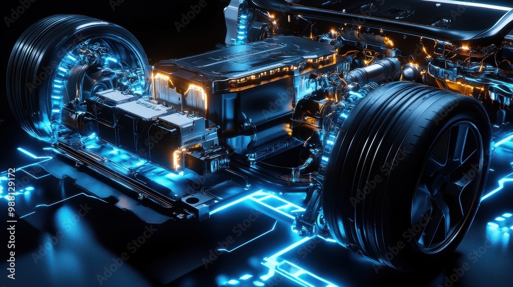 Fototapeta premium Futuristic Electric Car Engine with Glowing Blue Lights and Black Background.