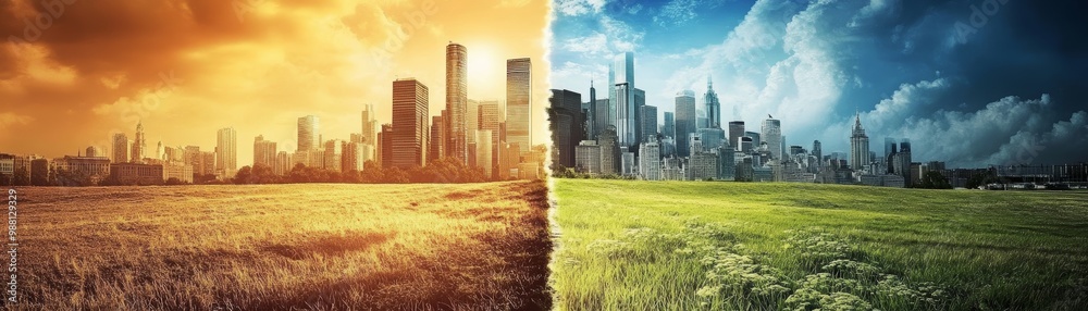 Fototapeta premium Cityscape Split by Drought and Green Grass