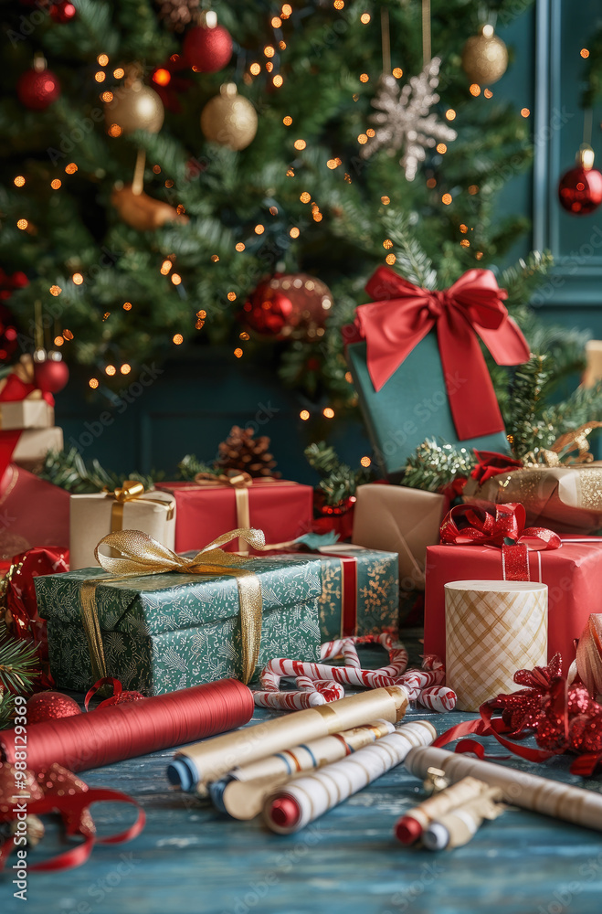 A Wrapping Station with Christmas Decorations in the Background Perfect for Holiday Gift Preparation A Wrapping Station with Christmas Decorations in the Background Perfect for Holiday Gift Preparation