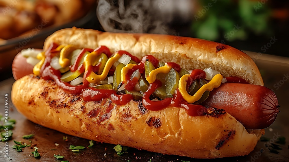 A perfectly grilled hot dog in a warm bun, loaded with mustard, ketchup, onions, and sliced pickles, with steam rising. Set against a simple street food cart in soft focus, A perfectly grilled hot dog in a warm bun, loaded with mustard, ketchup, onions, and sliced pickles, with steam rising. Set against a simple street food cart in soft focus,