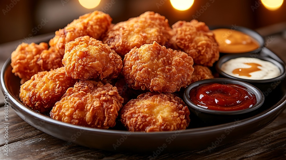 A plate full of crispy chicken nuggets with a variety of dipping sauces, including honey mustard, ranch, and barbecue, glistening under warm lights. A plate full of crispy chicken nuggets with a variety of dipping sauces, including honey mustard, ranch, and barbecue, glistening under warm lights.