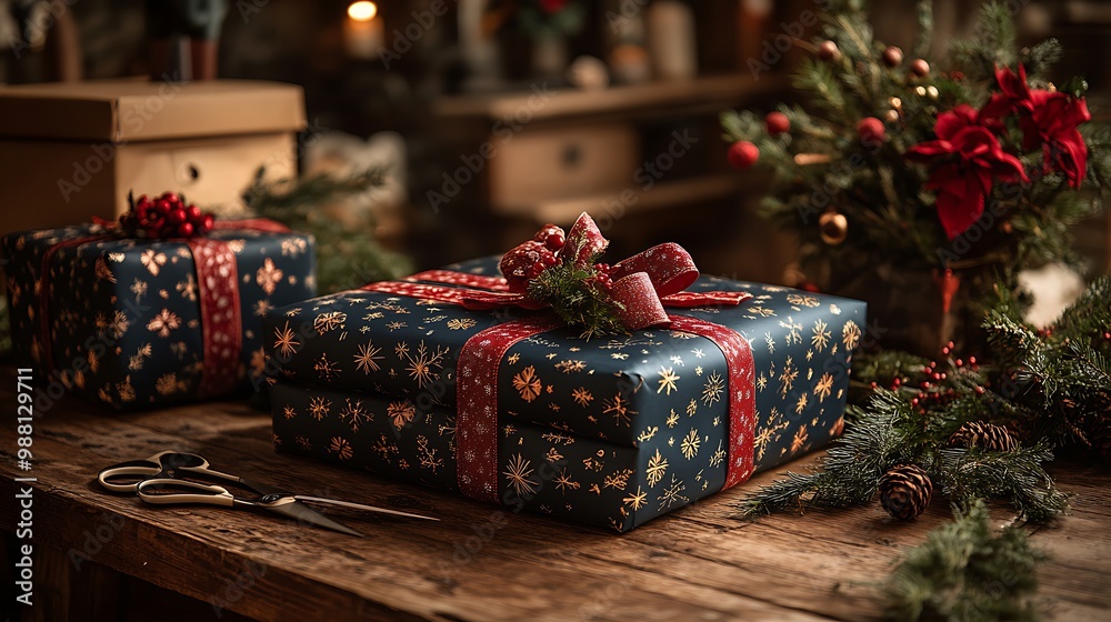 Wrapped Christmas Gift with Red Ribbon and Pine Sprigs on Wooden Table Wrapped Christmas Gift with Red Ribbon and Pine Sprigs on Wooden Table