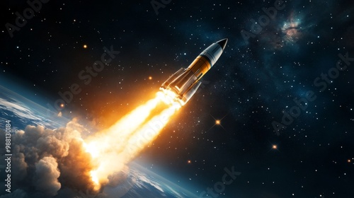 Wallpaper Mural A futuristic rocket blasts off from Earth, leaving a fiery trail as it ascends into a colorful nebula. The rocket represents ambition, exploration, and the future of space travel, while the nebula sym Torontodigital.ca