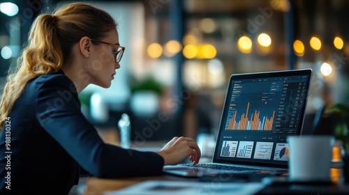 Businesswoman analyzing data on laptop.