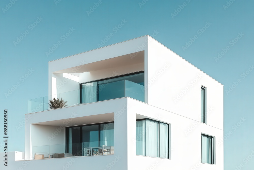 A minimalist white cube house with large windows and a rooftop terrace A minimalist white cube house with large windows and a rooftop terrace