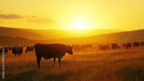 Livestock grazing at sunset