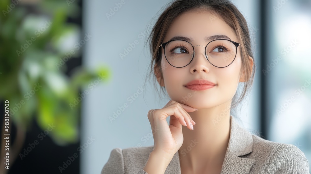 Thoughtful Young Woman in Glasses Looking Up Closeup Portrait Thoughtful Young Woman in Glasses Looking Up Closeup Portrait