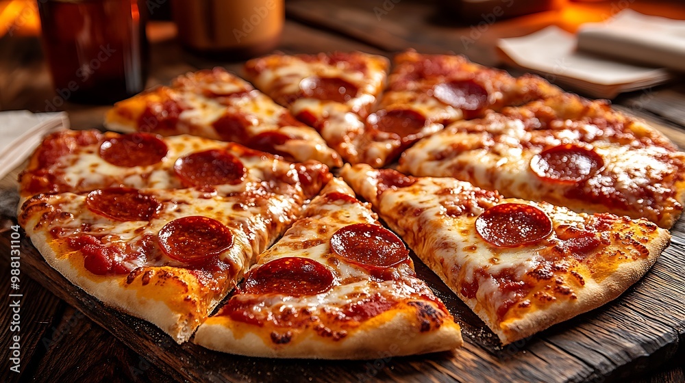 A table full of freshly baked pepperoni pizza slices, with drinks and napkins scattered around. The pizzas are golden and crispy, topped with melted cheese and pepperoni, A table full of freshly baked pepperoni pizza slices, with drinks and napkins scattered around. The pizzas are golden and crispy, topped with melted cheese and pepperoni,