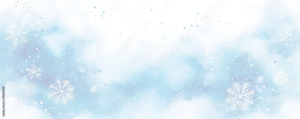 Naklejka premium 白い雪の結晶と抽象的な青い水彩画の背景