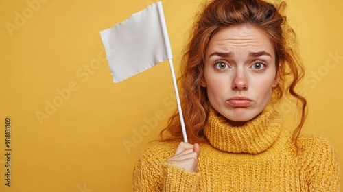 Woman holding white flag on yellow background.