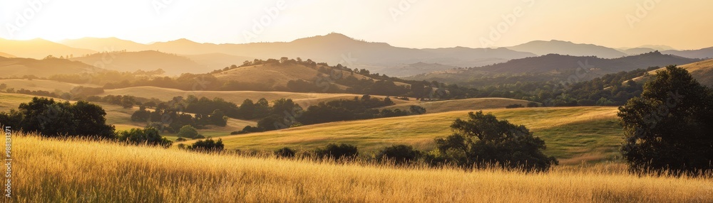Fototapeta premium Golden Sunset Over Rolling Hills And Fields