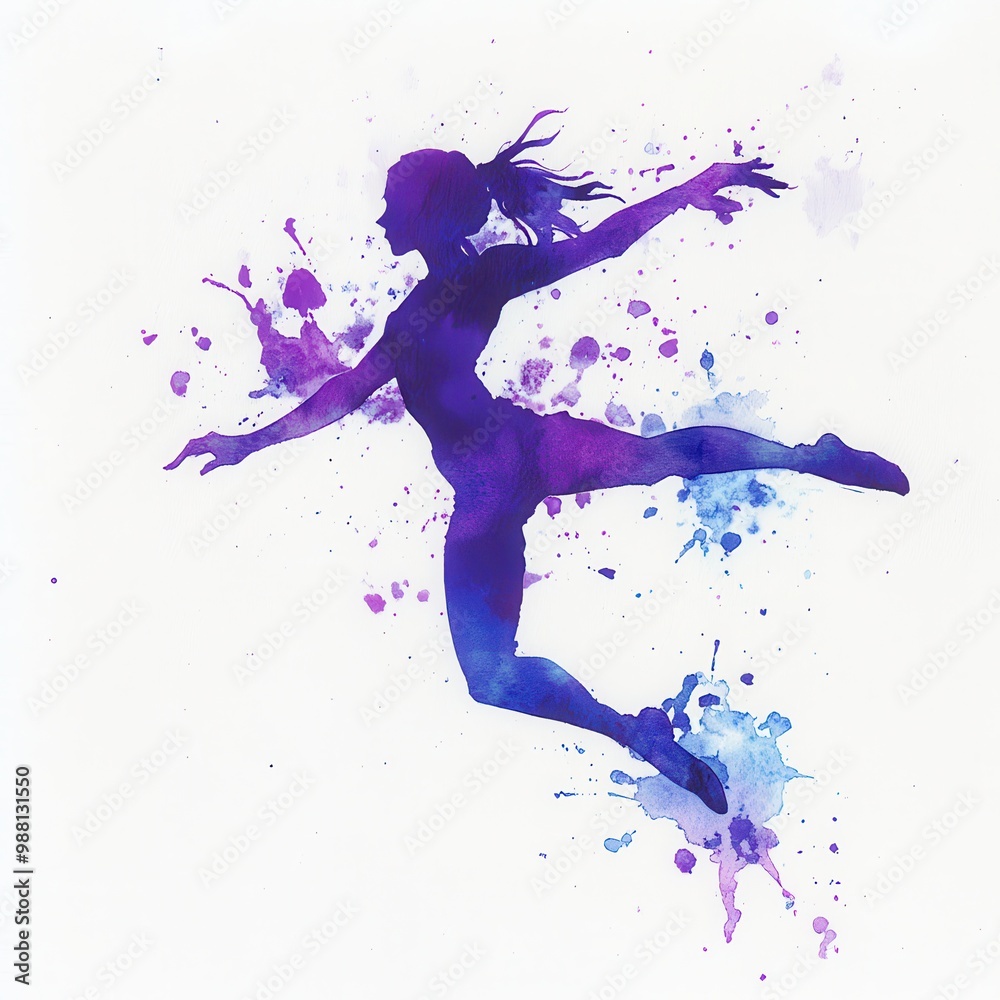 Watercolor Painting of a Woman Dancing with Purple and Blue Splashes. Watercolor Painting of a Woman Dancing with Purple and Blue Splashes.